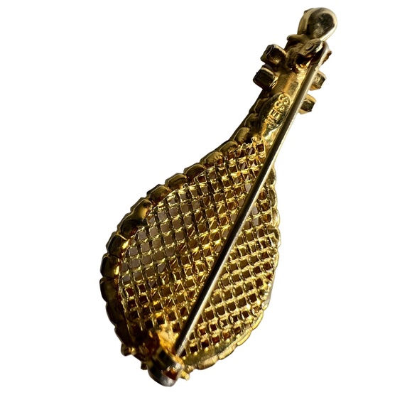 Vintage Weiss Clear Red Rhinestone Guitar Bango Gold Tone Brooch - Picture 4 of 8